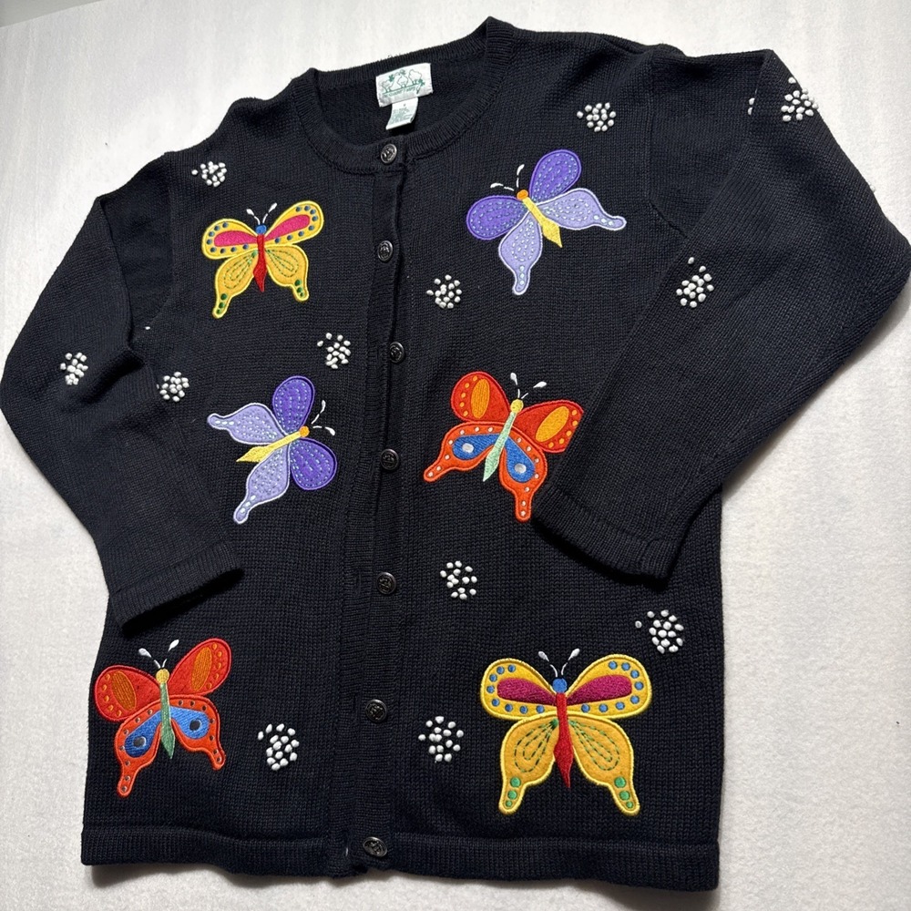 Vtg THE QUACKER FACTORY Women Embroidered Butterfly Cardigan Sweater Size Small